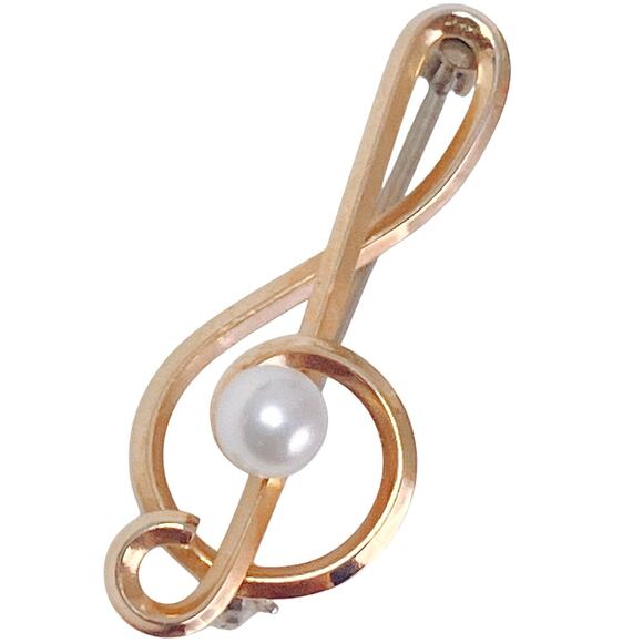 Vintage Signed Krementz Gold Filled Treble Clef Pearl Brooch Music - Picture 1 of 10